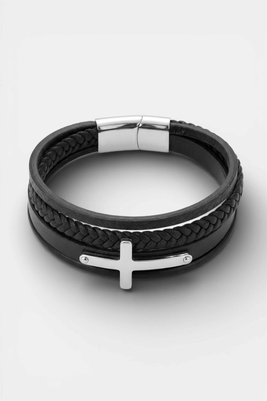 Bracelet Cordon Homme Cuir Et Croix En Argent
