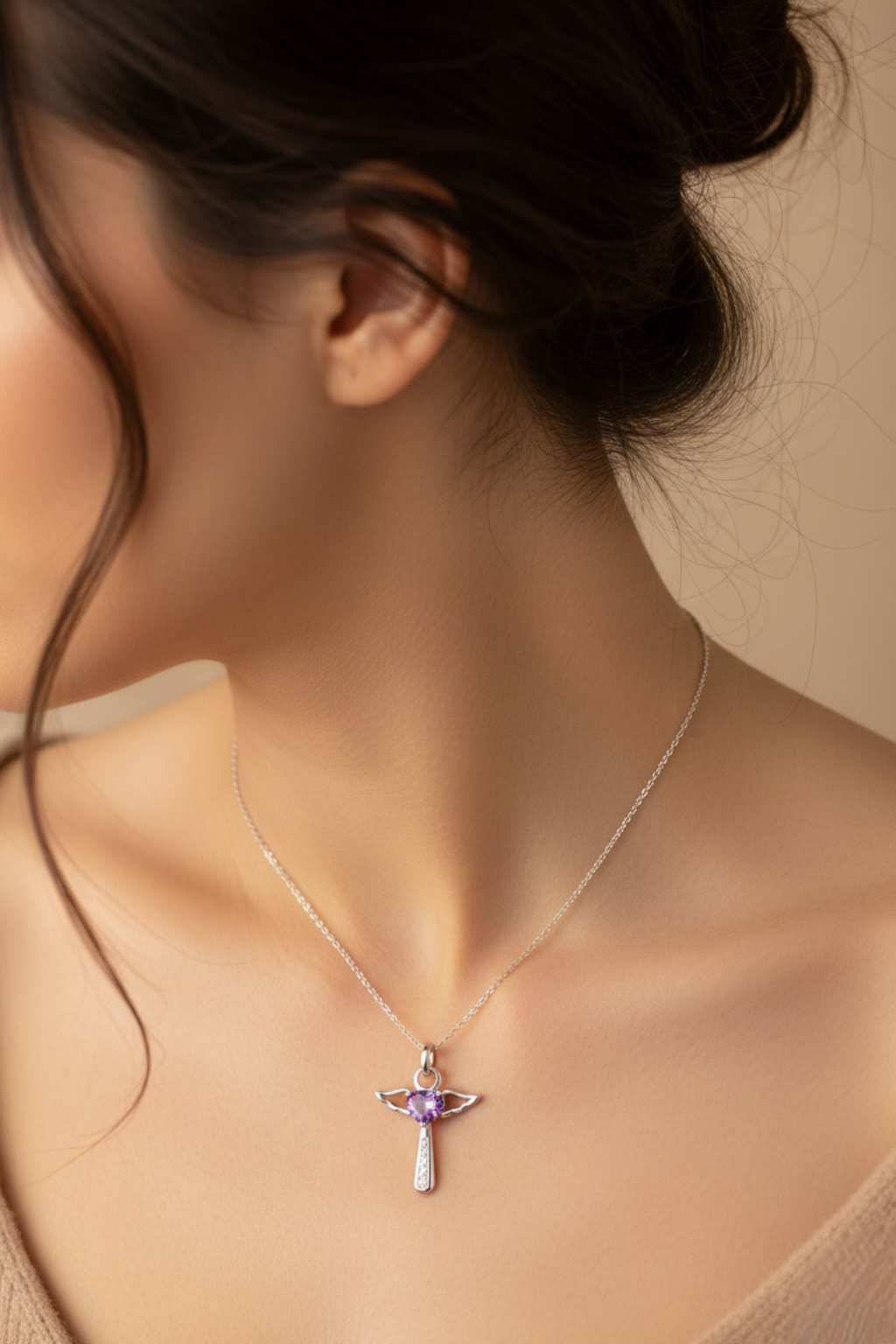 Collier Croix Femme Ailes D'Ange Coeur Violet
