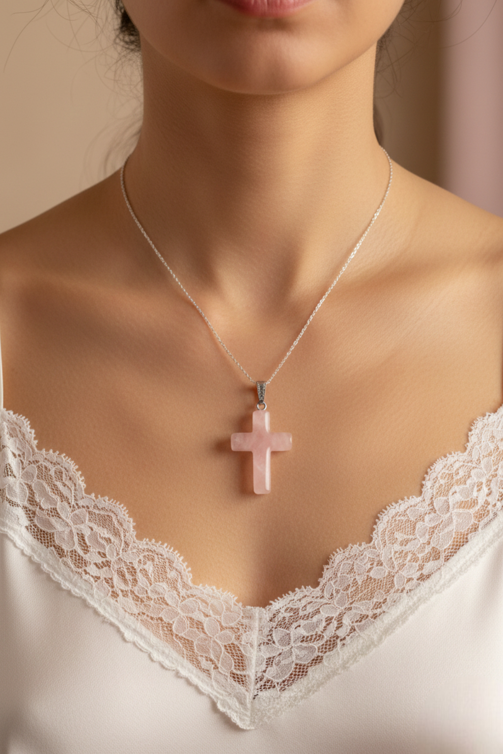 Collier Croix Quartz Rose