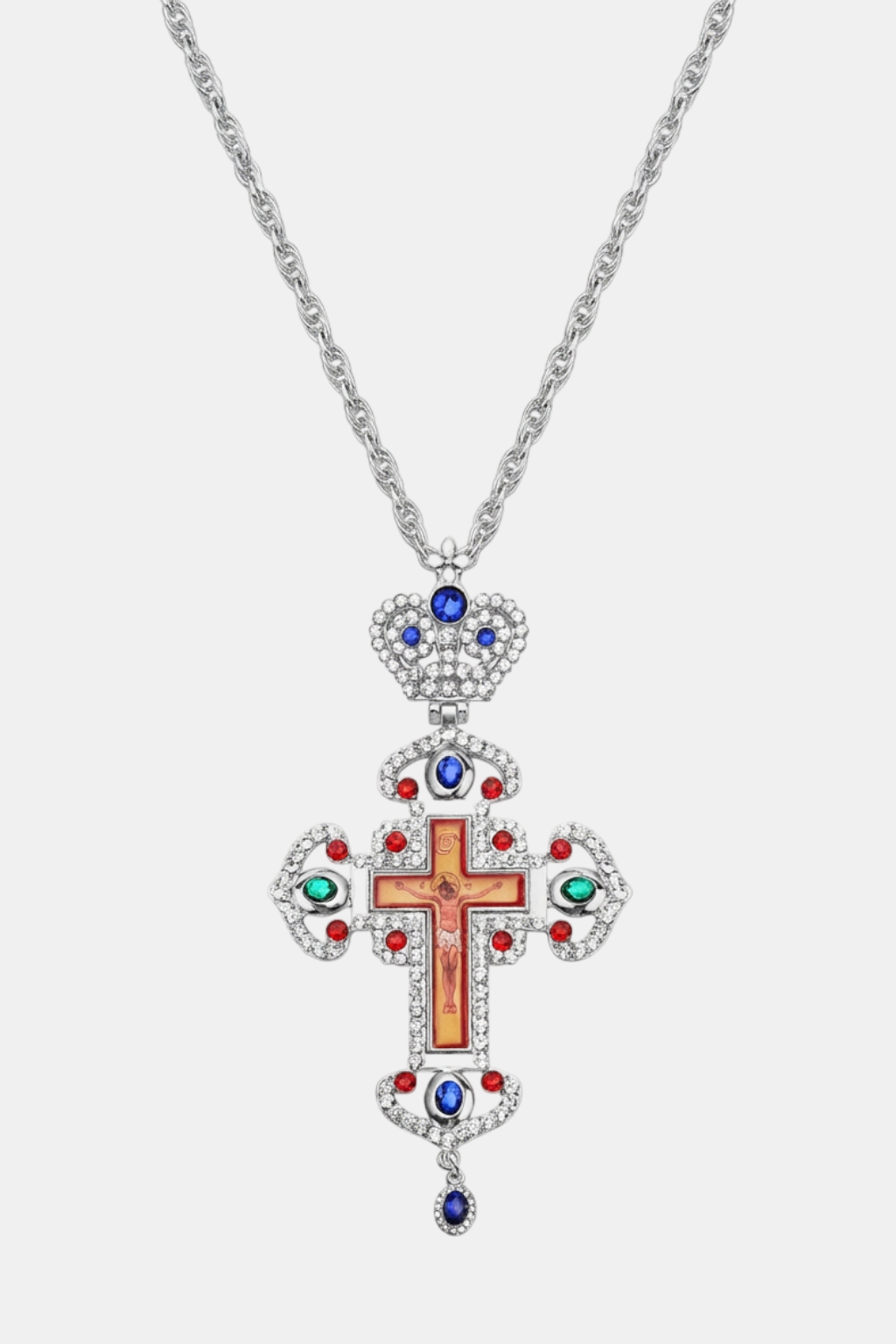 Croix Orthodoxe Jésus Crucifié Zircon Bleu