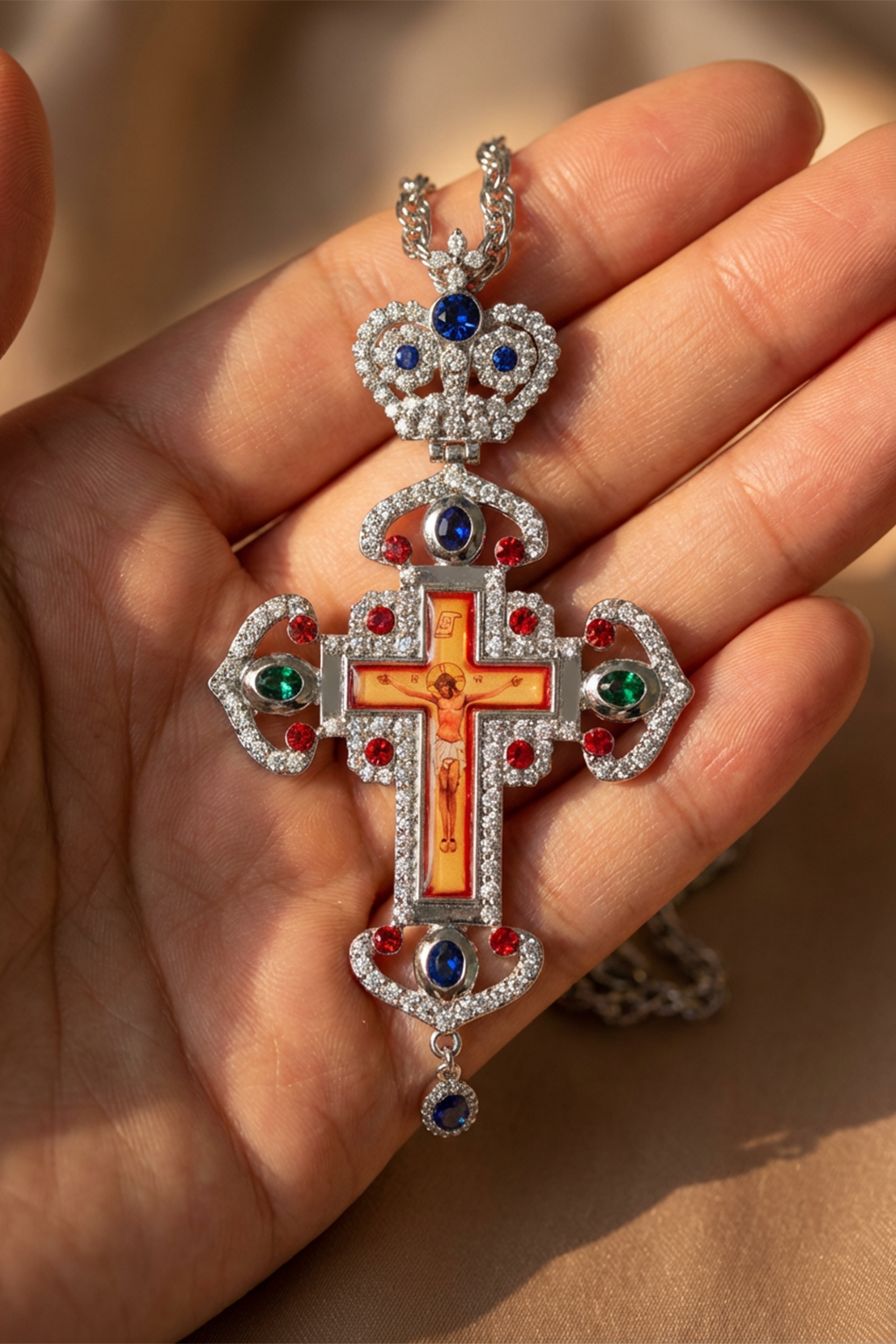 Croix Orthodoxe Jésus Crucifié Zircon Bleu