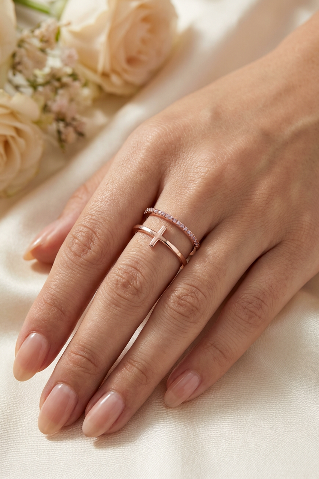 Double Bague Croix Or Rose Et Zirconium