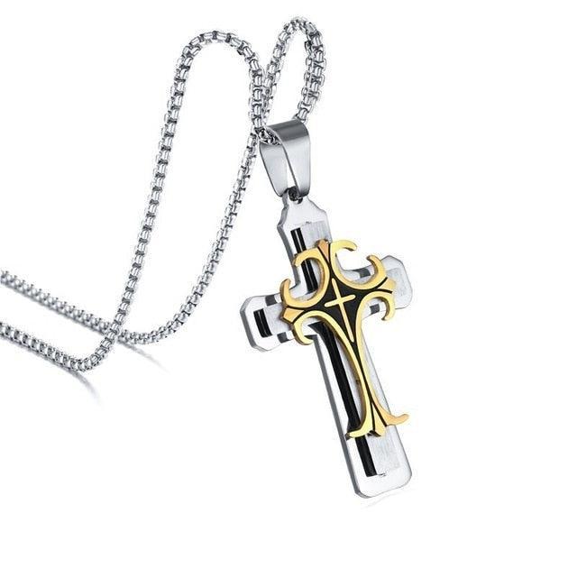 Collier Croix Homme En Acier Inoxydable Noir - Pendentif Sobre, Chaîne Incluse, Avec Boîte Cadeau