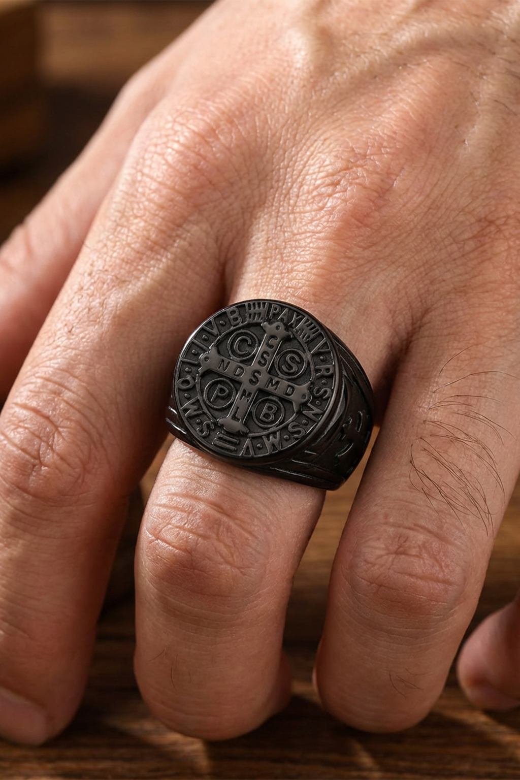 Anillo Medalla<br> San Benito Negro Mate