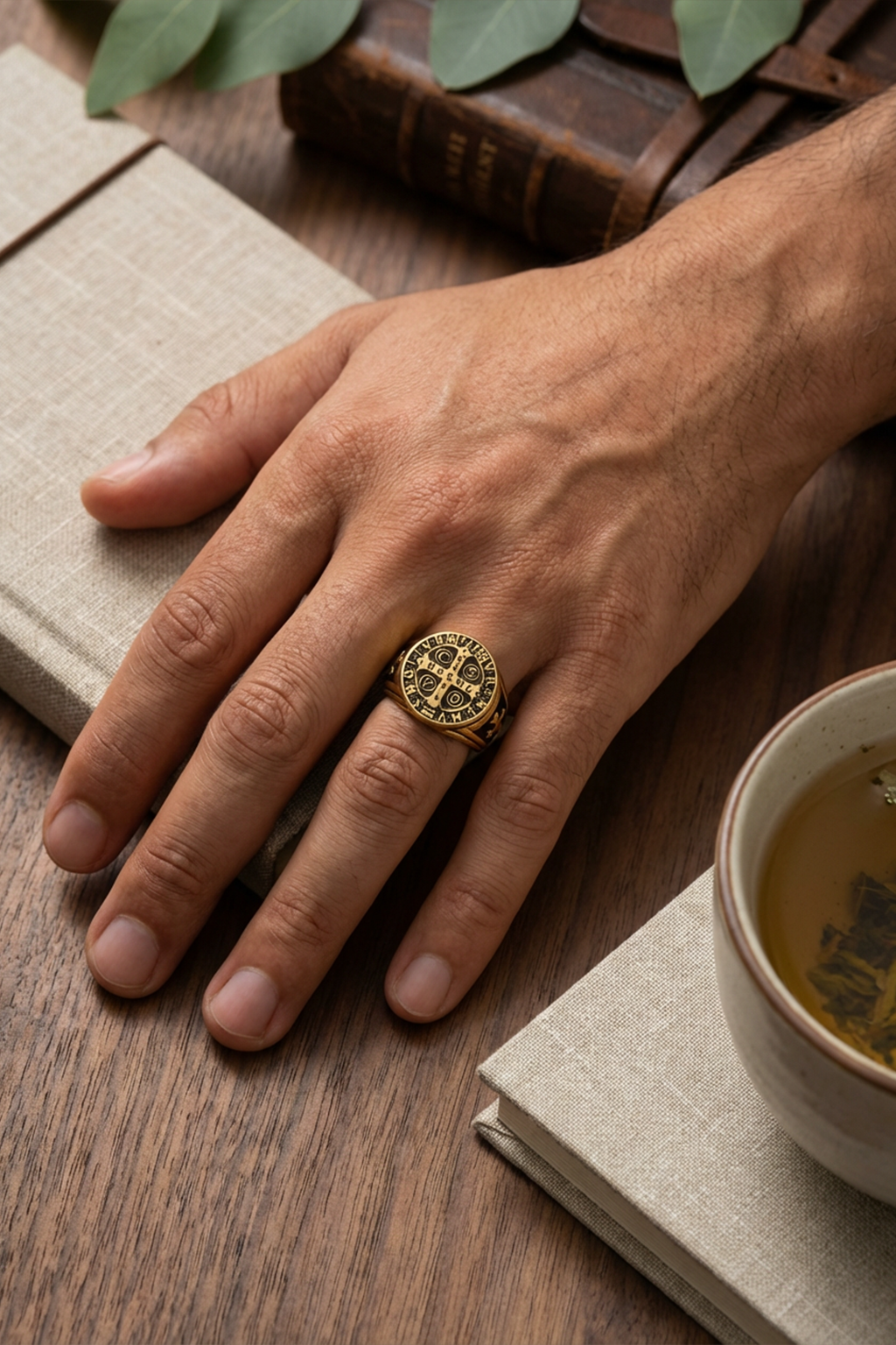 Medal Ring<br> Black & Gold Saint Benedict