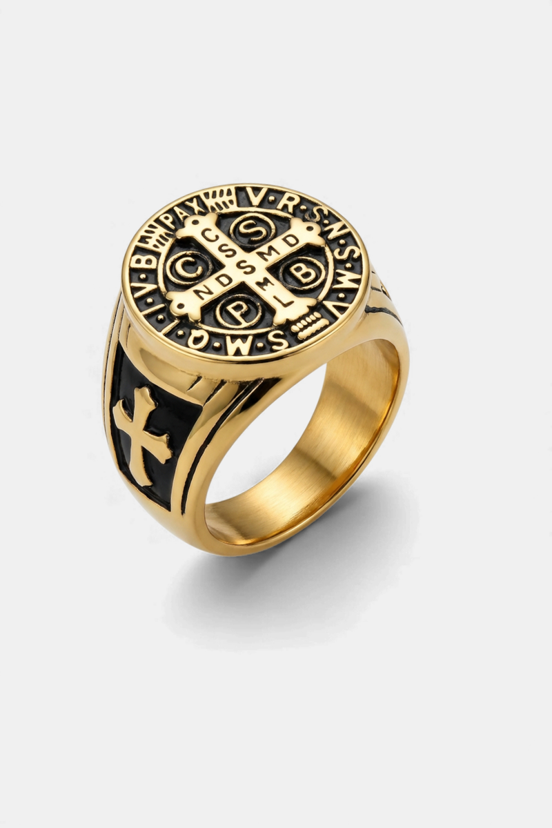Medal Ring<br> Black & Gold Saint Benedict