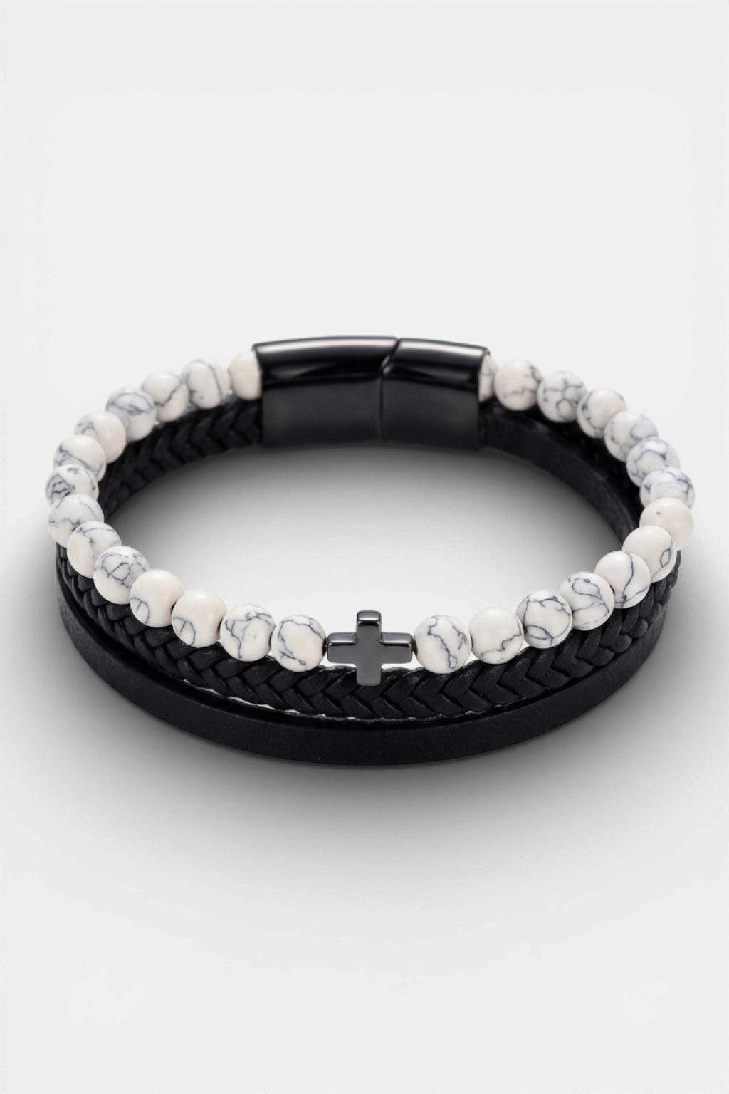 Bracelet Chrétien Cuir Et Perles D'Onyx