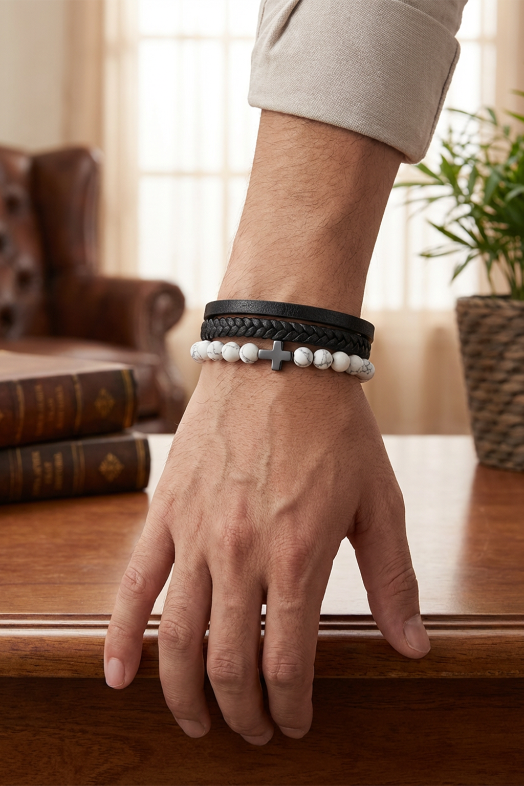 Bracelet Chrétien Cuir Et Perles D'Onyx