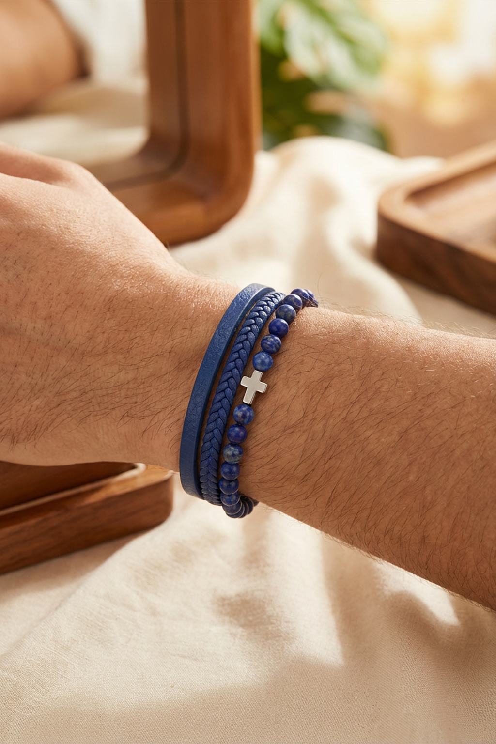 Bracelet Chrétien Cuir Et Perles D'Onyx