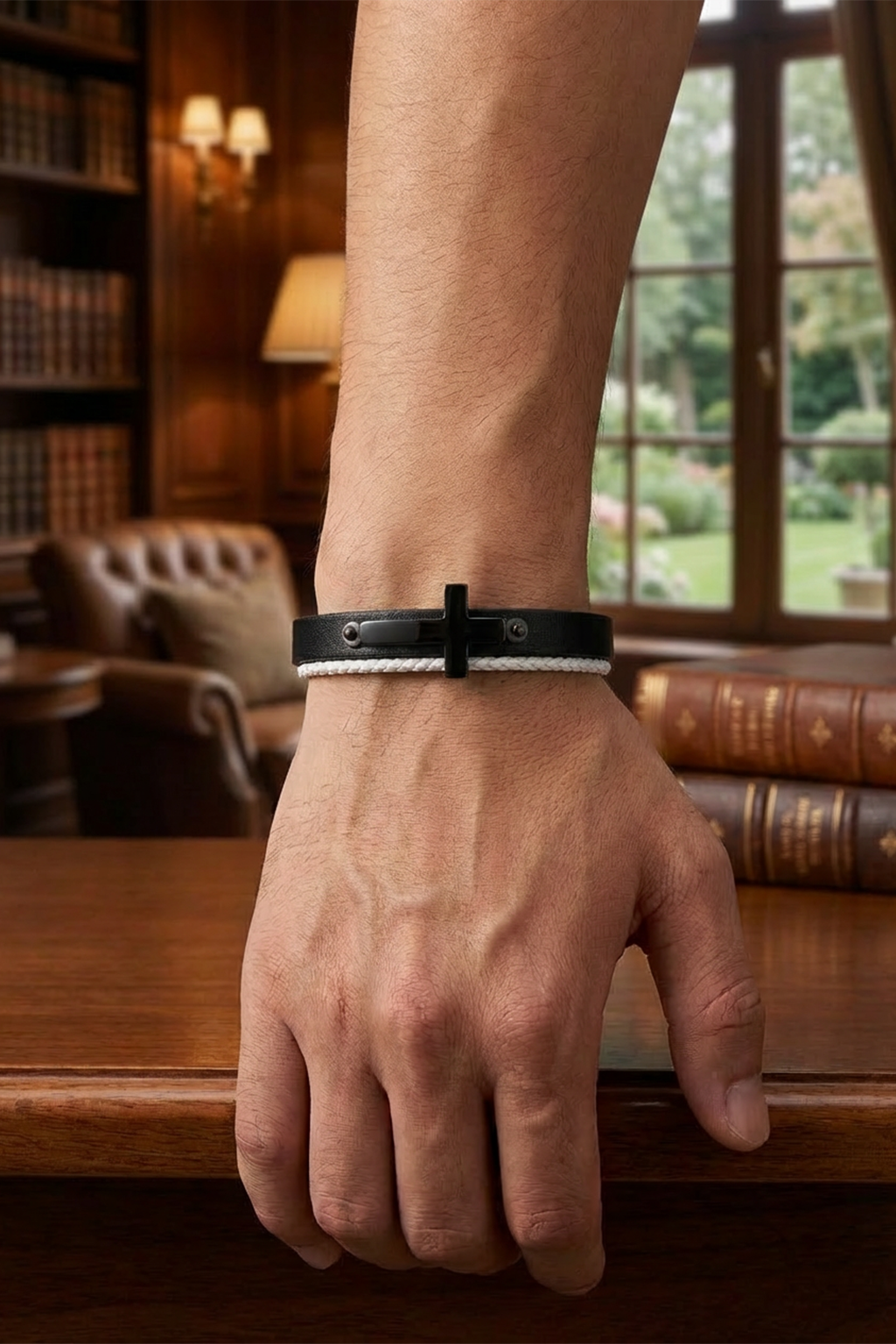 Bracelet Cordon Homme Cuir Et Croix En Noir