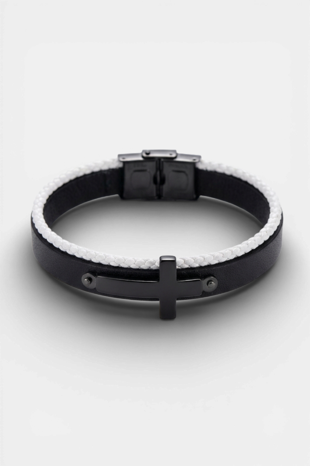 Bracelet Cordon Homme Cuir Et Croix En Noir