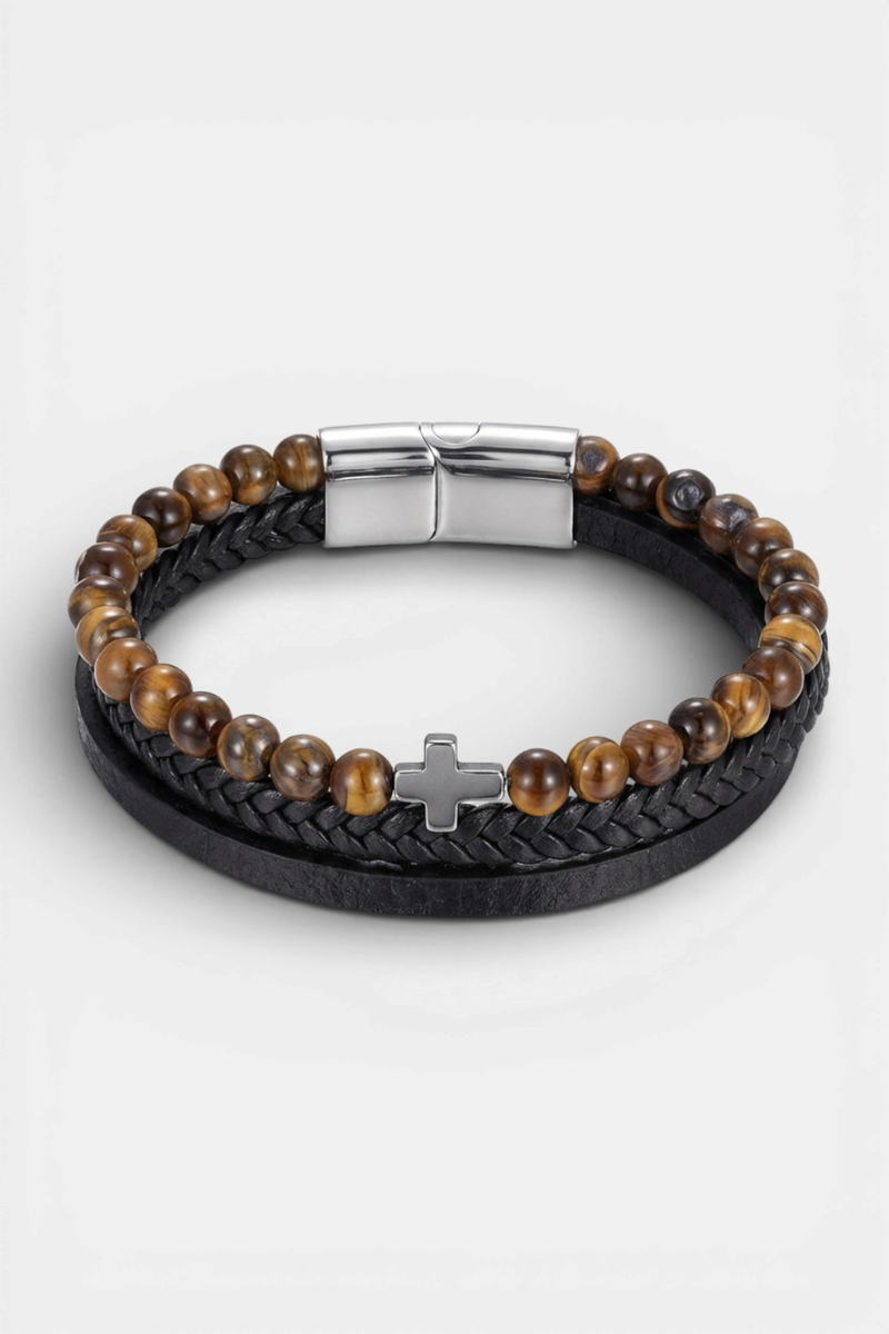 <transcy>Men's Cross Bracelet<br> Cross and Pearls Bracelet</transcy>