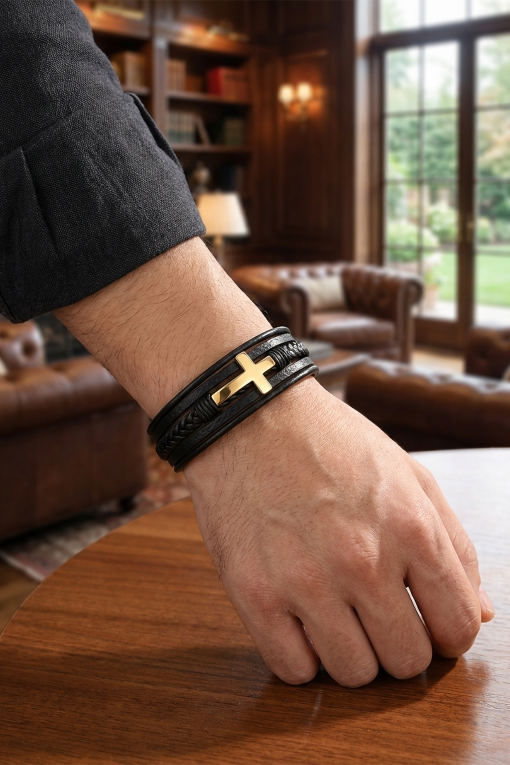 Bracelet Cuir Et Métal Croix Chrétienne