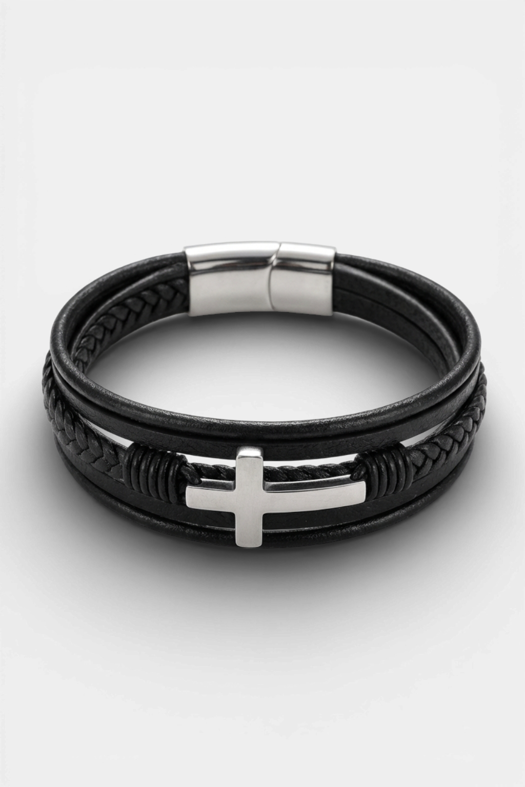 Bracelet Cuir Et Métal Croix Chrétienne