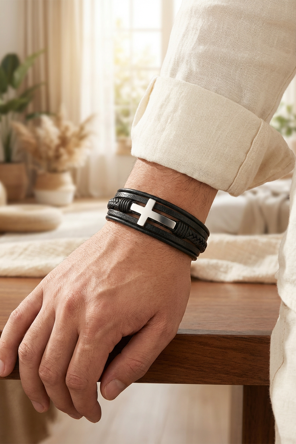 Bracelet Cuir Et Métal Croix Chrétienne