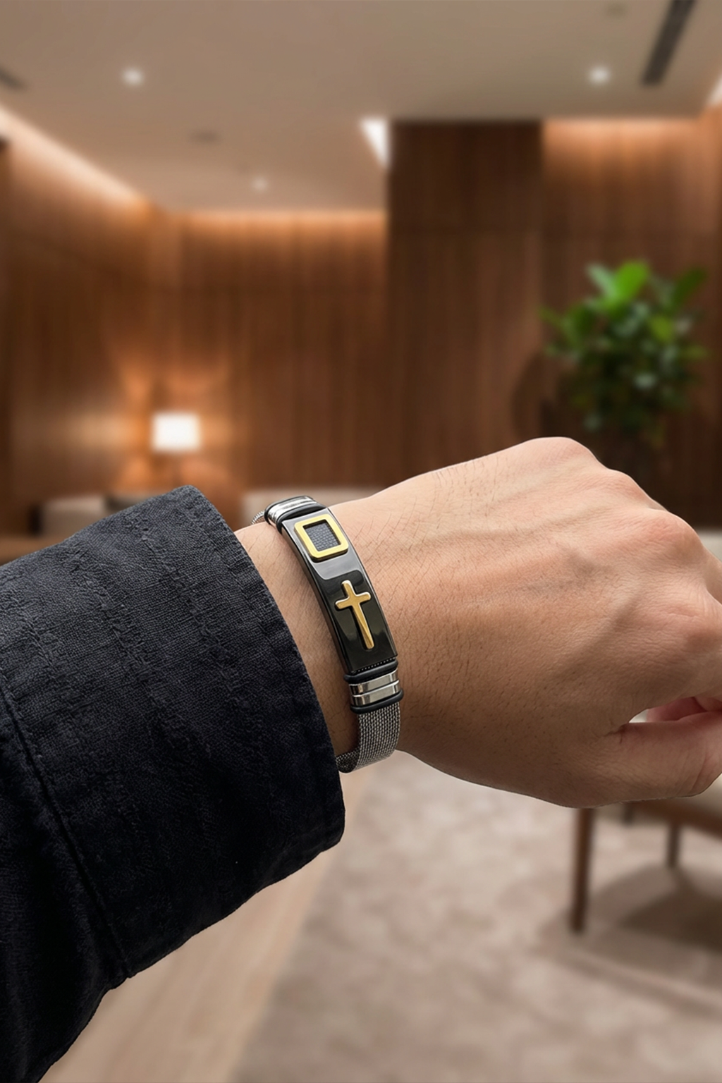 Bracelet Manchette Gourmette Noir Or