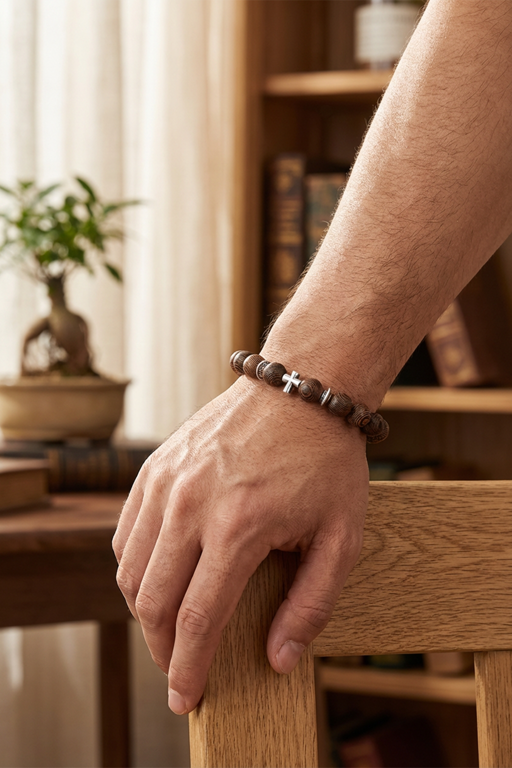 Bracelet Perles Bois Croix Chrétienne