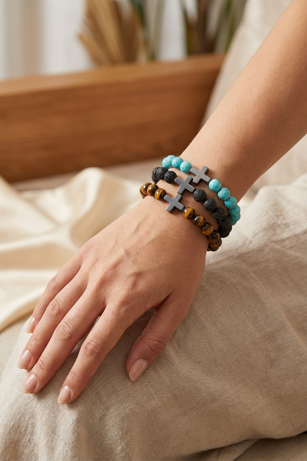 Bracelet Religieux Croix Et Perles à Motifs