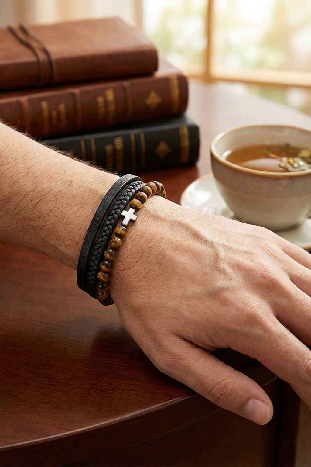 Bracelet Religieux Cuir Et Perles Marrons