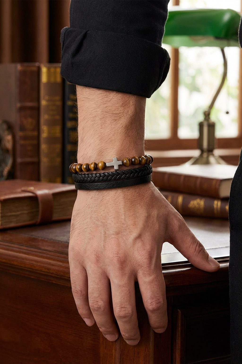 Bracelet Religieux Cuir Et Perles Marrons