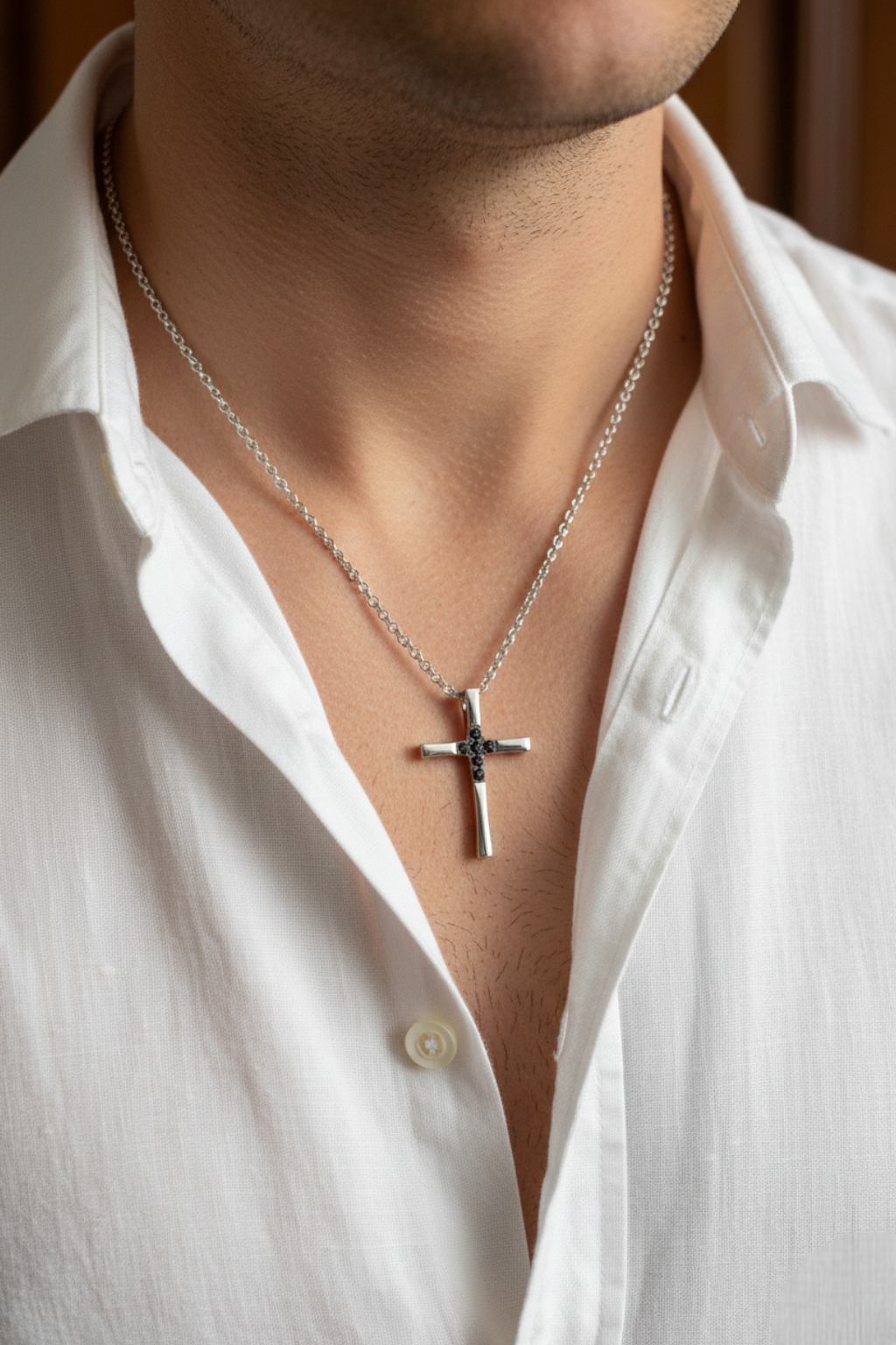 Colar Cruz Homem<br> Pérola de Zircónio Preto