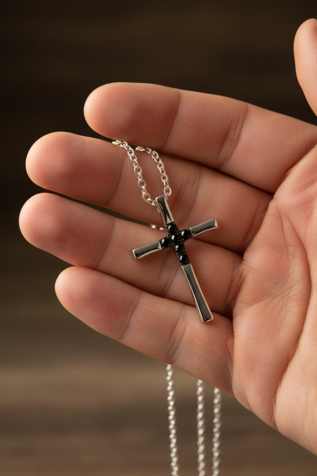 Collar Cruz Hombre<br> Perla de Circonio Negro