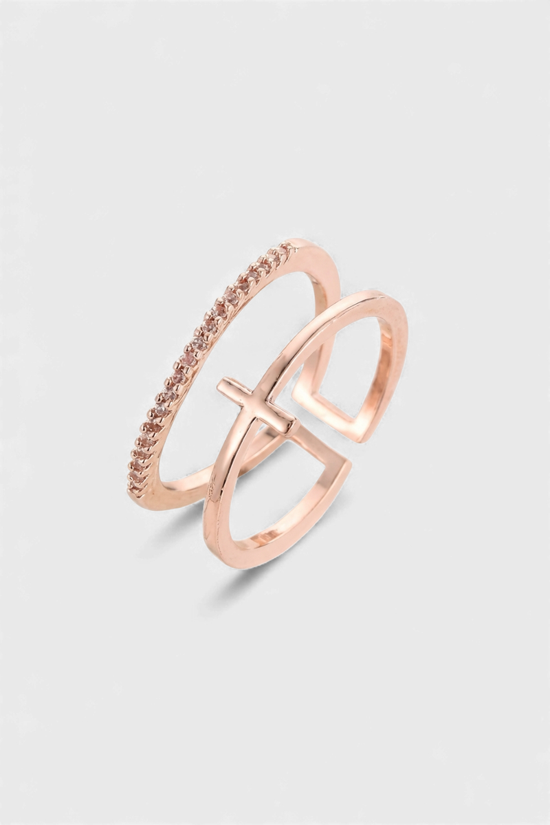 Double Bague Croix - Or Rose Et Zirconium