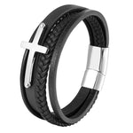 Bracelet Cordon Homme<br> Cuir et Croix en Argent