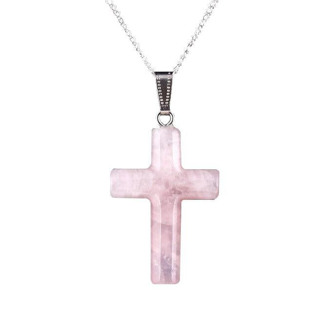 Collier Croix<br>Quartz Rose-Boutique Chrétienne