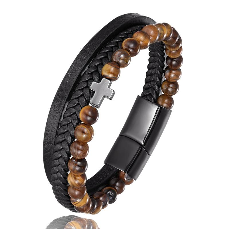 Bracelet Chrétien </br>Cuir et Perles d'Onyx-Boutique Chrétienne