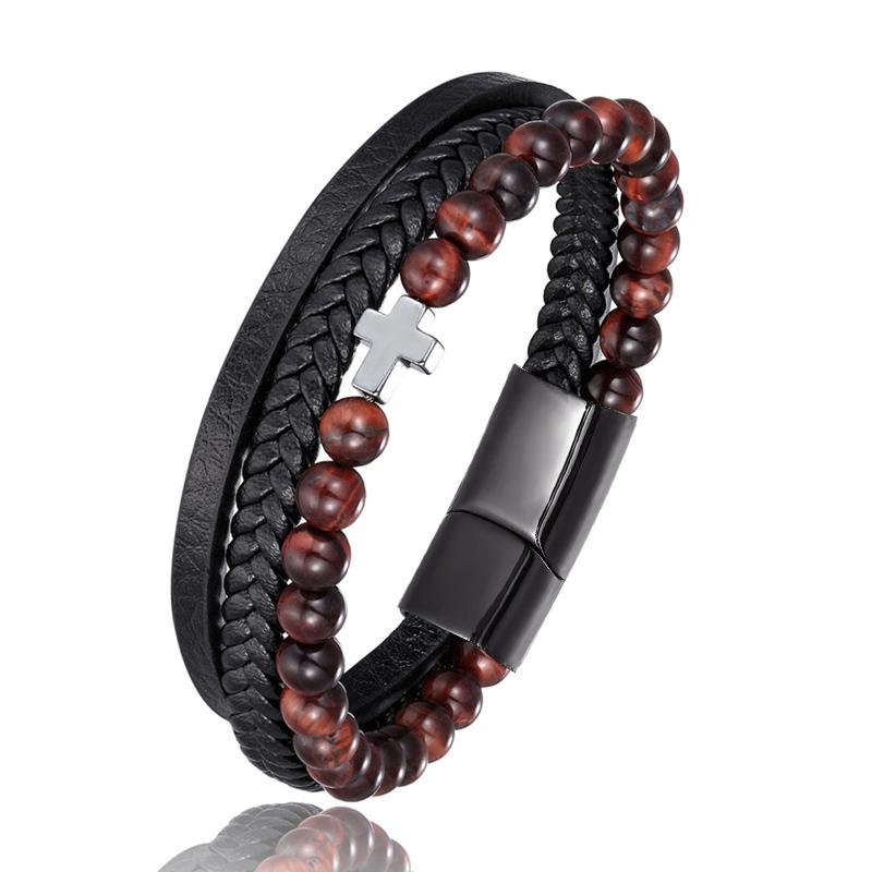 Bracelet Chrétien </br>Cuir et Perles d'Onyx-Boutique Chrétienne