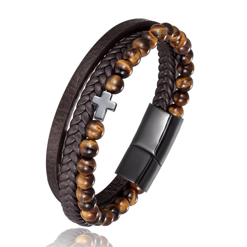 Bracelet Chrétien </br>Cuir et Perles d'Onyx-Boutique Chrétienne