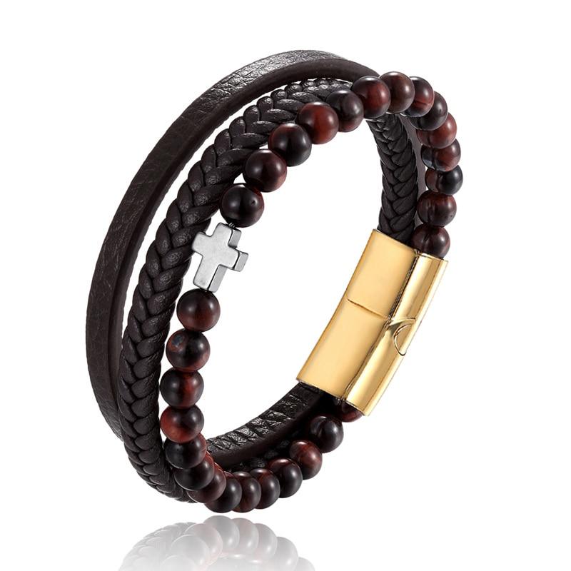 Bracelet Religieux </br>Cuir et Perles Marrons-Boutique Chrétienne