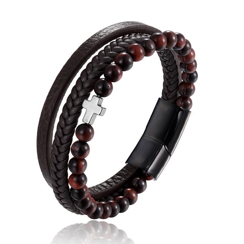 Bracelet Chrétien </br>Cuir et Perles d'Onyx-Boutique Chrétienne