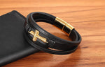 <transcy>Leather and Metal Bracelet</br> Christian cross</transcy>