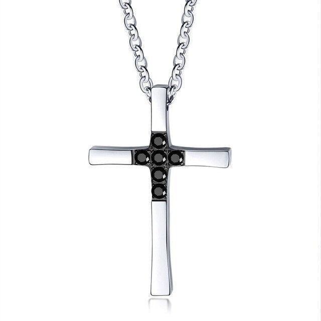 Collier Croix Homme<br> Perle de Zirconium Noir-Boutique Chrétienne