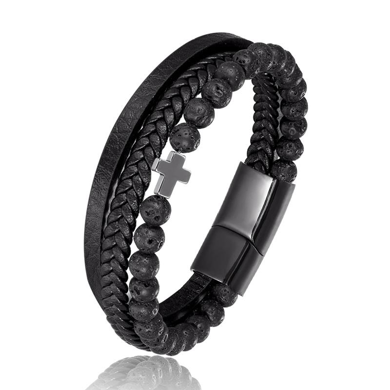 Bracelet Chrétien </br>Cuir et Perles d'Onyx-Boutique Chrétienne