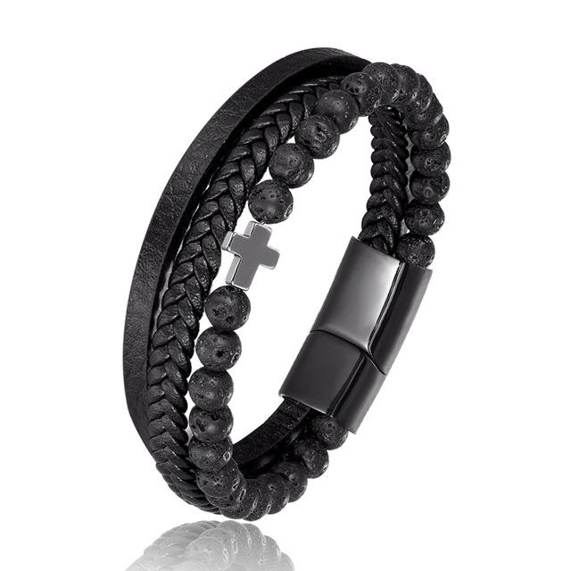 Bracelet Chrétien </br>Cuir et Perles d'Onyx-Boutique Chrétienne