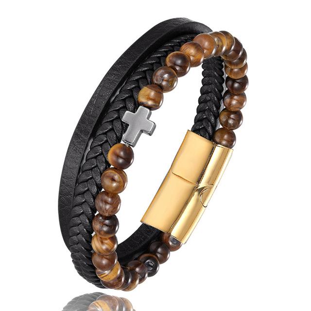 Bracelet Religieux </br>Cuir et Perles Marrons-Boutique Chrétienne