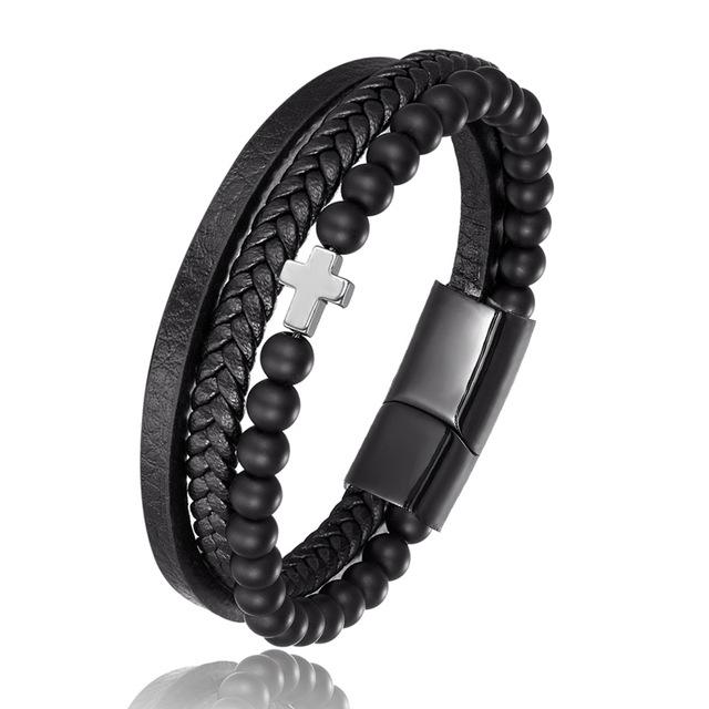 Bracelet Chrétien </br>Cuir et Perles d'Onyx-Boutique Chrétienne