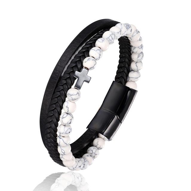Bracelet Chrétien </br>Cuir et Perles d'Onyx-Boutique Chrétienne