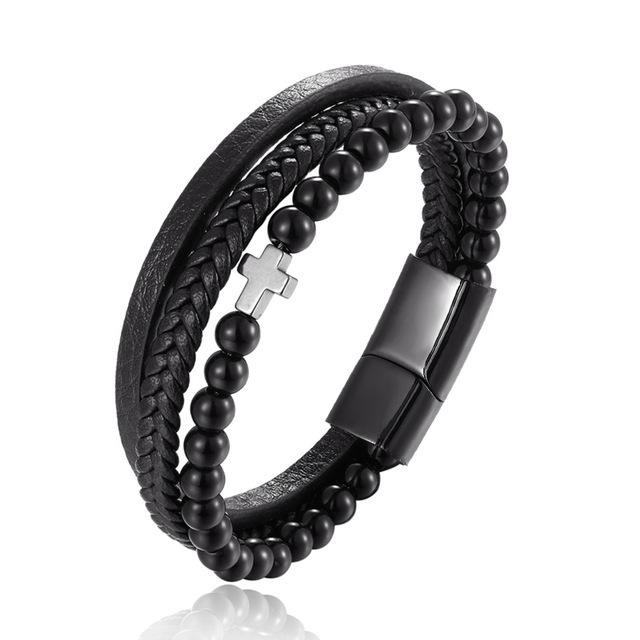 Bracelet Chrétien </br>Cuir et Perles d'Onyx-Boutique Chrétienne