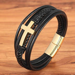 <transcy>Leather and Metal Bracelet</br> Christian cross</transcy>