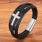<transcy>Leather and Metal Bracelet</br> Christian cross</transcy>