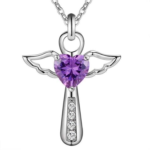 Collier Croix Femme Ailes d'Ange</br> Coeur Violet-Boutique Chrétienne