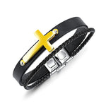 Bracelet Cordon Homme<br> Cuir et Croix en Or