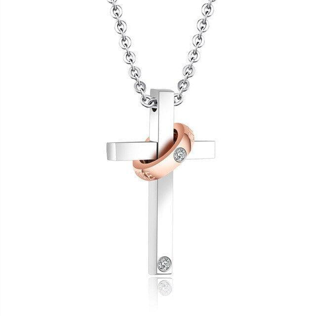 Collier Croix Femme<br> Anneau Or Rose-Boutique Chrétienne