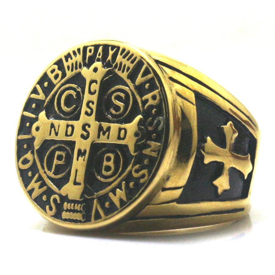 Bague Médaille<br> Saint Benoit Noir & Or-Boutique Chrétienne